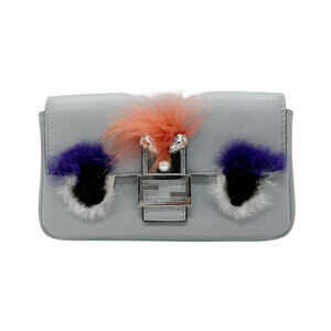 Fendi Monster Baguette Crossbody Bag Leather Fur Blue Multicolored Silver